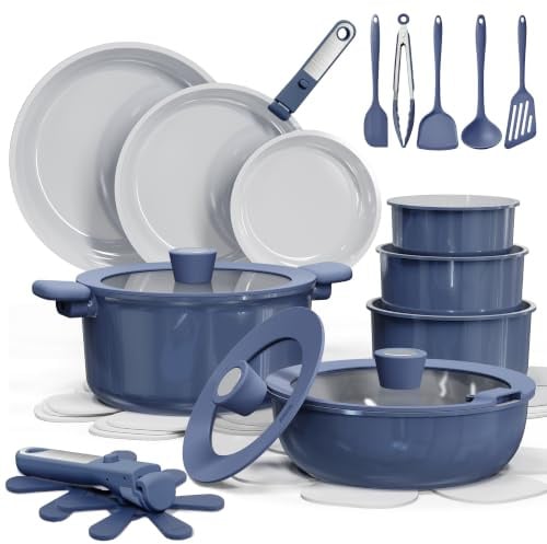 CAROTE 27pcs Ceramic Cookware Set Nonstick, Pots and Pans Set Non Stick, Non Toxic Cookware Detachable Handles, Dishwasher/Oven Safe, RV/Camping Cookware with Kitchen Utensils, Blue