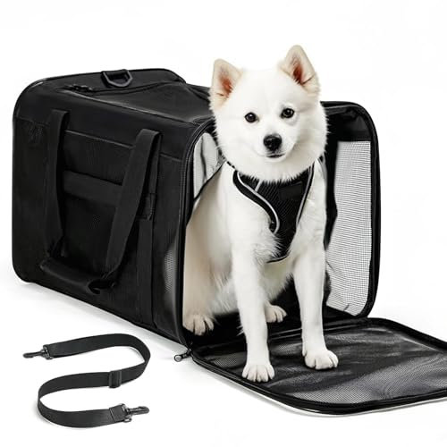 Conlun Hundetransporttasche – Weichwandige Tragetasche mit 4-Seitigem Mesh für Kleine Hunde & Große Katzen bis 9kg, Klappbare Reisetasche mit Atmungsaktivem Design in Größe L–Schwarz