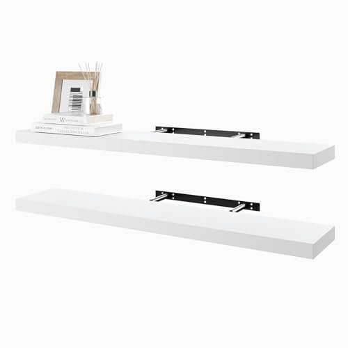 BAMEOS Floating Shelves, 80cm White, Wall-Mounted Wooden Shelves with Invisible Brackets - Set of 2, for Bedroom, Bathroom, Living Room, Kitchen