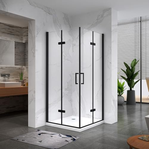 ATÉA-BLACK Cabine de douche H 180 cm, 90 x 120 cm, 2 portes pliantes et pivotantes, verre transparent + receveur