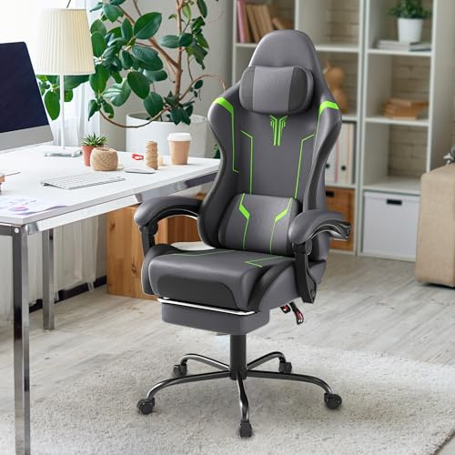 Suusolny Silla de gaming con masaje de vibración y reposapiés, silla ergonómica con cojín, reposabrazos, silla de oficina, hasta 135 kg, altura regulable, superficie gris de poliuretano