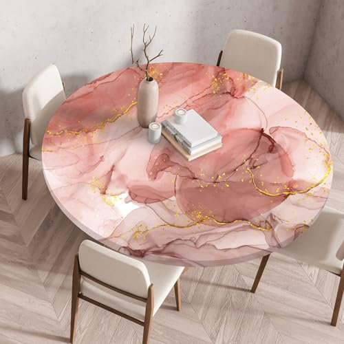 Treer 3D Elastische Tischdecke Rund Abwaschbar, Farbiger Marmor Outdoor Picknick Spanntischdecke Rund Gartentischdecke Round Tischdecke mit Gummizug für Küche, Esszimmer (Rosa,60 cm)