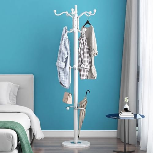 CYQQRDZSW Porte-manteau Rotatif À 360°, Porte Manteau sur Pieds Moderne en Métal avec Porte-parapluie, Porte-manteax À Base Ronde pour Suspendre Vêtements, Sacs et Foulards(White)