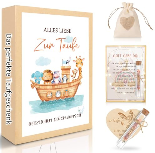 TUZELIYA Geschenke zur Taufe Junge Mädchen mit LED Lichterkette, Holzkarte Reagenzglas Jutesäckchen - Taufgeschenk Geldgeschenk Geschenkideen Alles Liebe zur Taufe Geld Gutschein Verpackung