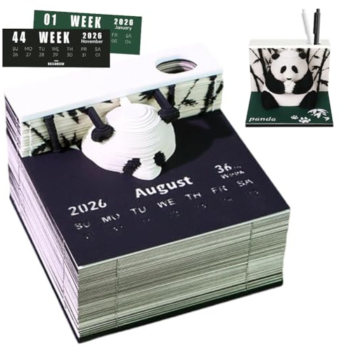 3D Kalender Abreißen Panda 2026, Panda Tischkalender-Notizblock, 3D Kreative Wochenkalender 2026, Wochenkalender Papierskulptur mit Stifthalter, Desktop-Ornament Kreative Geschenk 2026