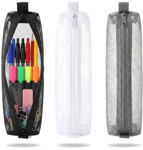 LEOUEANR 3 Pack Square Mesh Pencil Cases - Organiser Mesh Bag for School, Office Supplies, Makeup Brushes, Travel Accessories | Multi-Use Zippered Storage Pouch for Teens, Adults