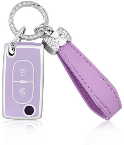 OFFCURVE Étui en Silicone pour Clés de Voiture Étuis pour Clés Avec Porte-clés Étuis pour Clés pour Peugeot 106 207 307 308 406 Expert Partner Citroen C2 C3 C4 Grand Picasso FIAT Scudo (Argent Violet)