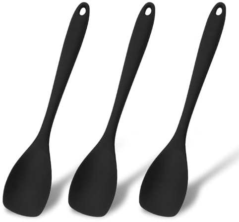 Simsky 3er Set Kochlöffel aus Silikon, Schwarz, 27.5 cm, Hitzebeständig bis 230°C, Spülmaschinengeeignet, Schonend für Antihaftbeschichtungen, Rührlöffel, Backlöffel mit Ergonomischem Griff