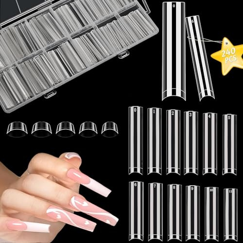 240Pcs Clear Half Cover Extra Long Square Nail Tips For Acrylic Extensions | Clear Acrylic False Press on Nail Tip on Nails Manicure Salon DIY at Home 12 Sizes