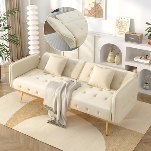 Merax 2-Sitzer Sofabett mit Bettfunktion, Verstellbarer 3-Stufen-Rückenlehne & 6-Stufen-Armlehnen, modernes Faltsofa, Hochdichteschaum, Holzrahmen, platzsparend für Wohnzimmer, Veloursbezug, Beige