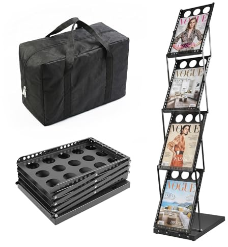 YedZen A4 Prospektständer, Faltbarer Flyer Aufsteller mit 4 Taschen | Zeitschriftenständer mit Tragetasche für Broschüre und Magazine, Büro, Messe, Einzelhandel, Schwarz, B27 x T36 x H 132 cm