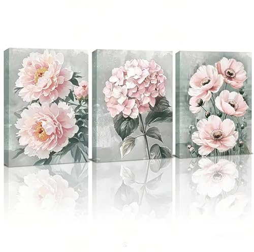 Shuqio 3er Set Leinwandbilder Blumen, Rosa, 40×30cm, mit Rahmen | Pfingstrose & Hortensien Blüten, Wanddeko für Wohnzimmer & Schlafzimmer, Fertig zum Aufhängen