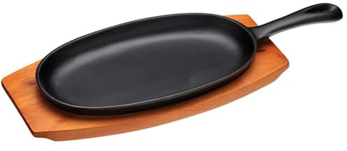 KitchenCraft World of Flavours Japanese Teppanyaki Grill Platter, Cast Iron Sizzling Plate with Wooden Base, 36 x 14.5 x 3.5 cm, Black (Pack of 6)