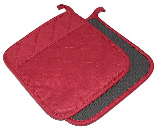 YEKOO Cotton and Neoprene Oven Pads Pot Holders with Pocket 8x8.5 Dual-Function Hot Pad Set for Finger Hand Wrist Protection Heat Resistant to 428°F Red