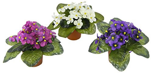Flair Flower Künstliche Blumen Veilchen im Topf Blüten Alpenblume Kunstblume Seidenblume Zimmerpflanze Pflanze 3er Set, Weiß, Lavender, Violett, 16 x 16 x 15 cm, 020474VAR