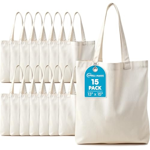 Simpli-Magic Canvas Tote Bag 13x15 (15 Pack) – Thick Shopping Canvas Tote Bags Bulk – Blank Reusable Grocery Bags for DIY Art & Craft, Sublimation 79163 (Beige)