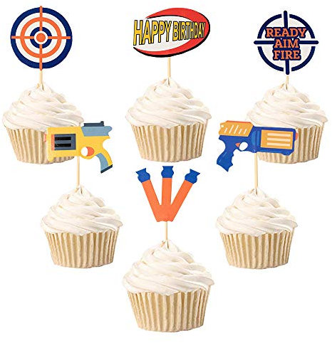Cupcake Toppers for Dart War Party, Gun Picks Target Birthday Bullet War Cake Topper - Set of 24