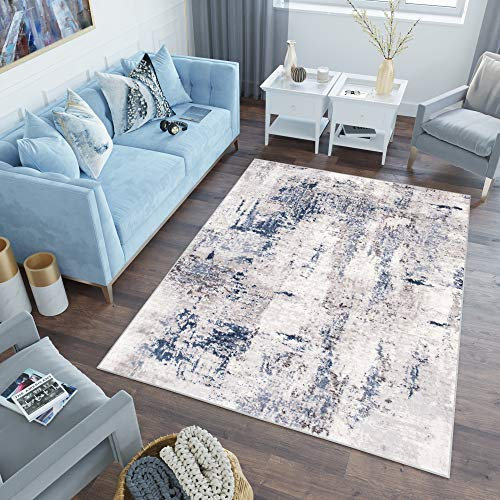 TAPISO Sky Teppich Kurzflor Modern Beige Blau Grau Hellgrau Vintage Meliert Verwischt Design Wohnzimmer Schlafzimmer 3D Optik ÖKOTEX 200 x 300 cm