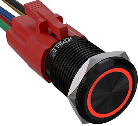 APIELE Interruttore a pressione da 16 mm, 12 VDC 5 A, in lega di alluminio nero con illuminazione ad anello LED, impermeabile, interruttore a pressione interruttore on/off (rosso)