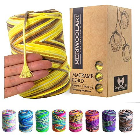 MeriWoolArt® Makramee Garn - Makramee Garn 3mm farbig 200m - Super weiches Garn, einfach gedrehte Makramee Schnur - Öko-Tex 100% recyceltes Baumwollgarn farbig - DIY Boho Deko Makramee