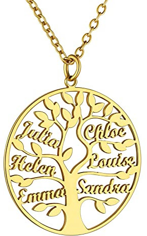 GoldChic Pendentif Arbre de Vie Femme 6 Prénoms Or Collier Maman Prenom Personnalisable des Enfants Genealogique Famille Fetes des Meres Cadeau Grand Meres Chaine Forcat 50cm Copine Soeur