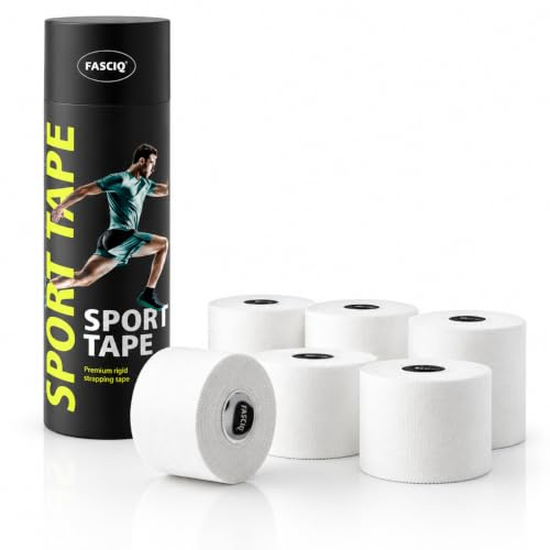 FASCIQ Sporttape Weiss - Starres Athletik Tape und Zinkoxid Tape aus 100% Baumwolle, Fixierband Sport Latexfrei fuer Gelenkstuetzung und Verletzungspraevention, Ohne Schere Abreissbar, 5 cm