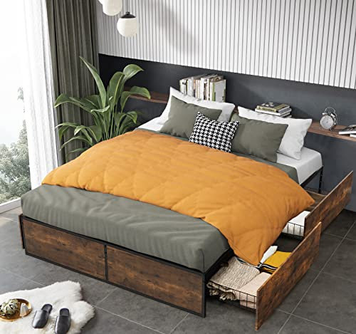 Giantex Metallrahmenbett Metallbett 140x200 Bettgestell, Schrankbett mit 4 Bodenschubladen, Lattenrost, Bett Futonbett Plattform Bettrahmen, Umfangreicher Stauraum unter dem Bett