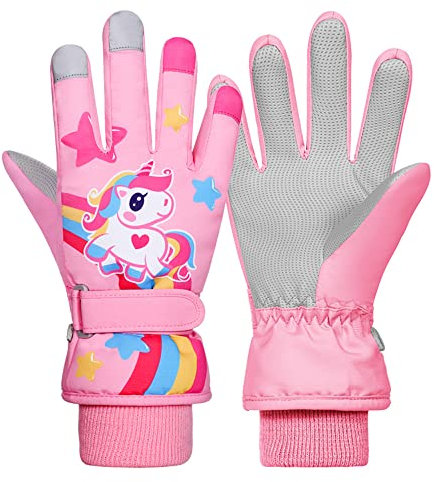 Kinder Skihandschuhe Snowboard Handschuhe Schneehandschuhe wasserdichte Und Winddichte Winter Handschuhe Anti-Rutsch Plüsch Gefüttert Warm Handschuhe für Mädchen Jungen Rosa Einhorn S(4-7 Jahre)