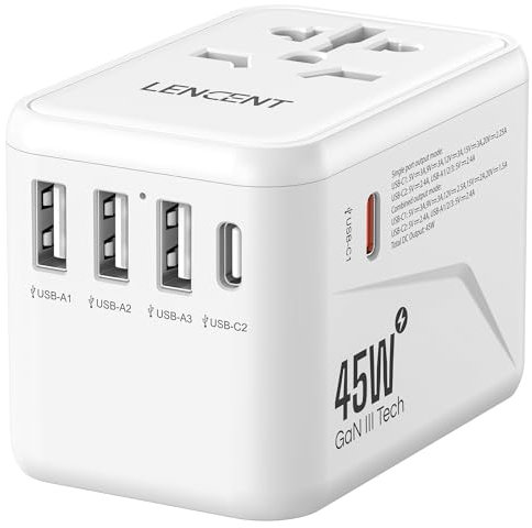 LENCENT Adaptador Enchufe Universal GAN III 45W, Cargador Internacional con 3 USB-A y 2 USB-C PD Carga Rápida, Adaptador de Viaje para Móvil, Tableta, Portátil (USA/UK/EU/AUS), Tipo A/C/G/I, Blanco