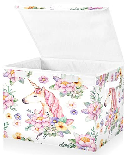 Mnsruu Storage Boxes with Lids, Unicorn Horse White Floral Magic Large Storage Basket Organizer Shelves Cube Bin Toy Clothes Underbed
