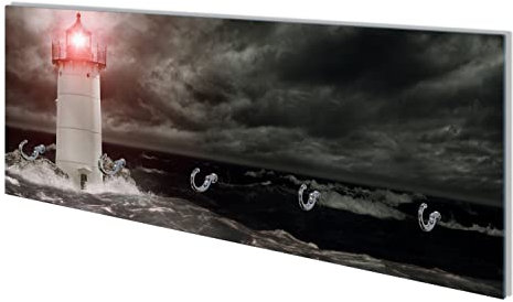 Wallario Wandgarderobe aus Glas in Größe 80 x 30 cm mit Memoboard-Funktion, Motiv: Leuchtturm im Wasser bei stürmischer See | 5 Kleiderhaken zum Aufhängen von Jacken
