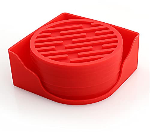 10cm/3.94inch Round Coasters Set Silicone Rubber Coaster Cup Pad Mat Anti-scald Non-Slip for Daily Home/Bar Coffee Tea Drink Use Insulate&protect furniture Coffee Beer Mug WineGlass Bottle (Red, 8)