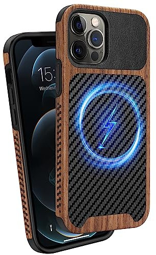 ZZDZZ Magnetisch Hülle für iPhone 12 Pro Hülle/iPhone 12 Hülle [Kompatibel mit MagSafe] Holz und Carbon Leder Design Handyhülle Stoßfest Schutzhülle (Schwarz)
