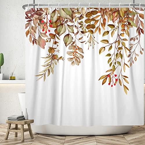Ttincceer 152x183cm Pflanze Duschvorhang Eukalyptus Blätter Braun Grün Blätter Badezimmer Vorhang Aquarell Botanische Duschvorhänge mit Haken Wasserdicht Badewanne Vorhang