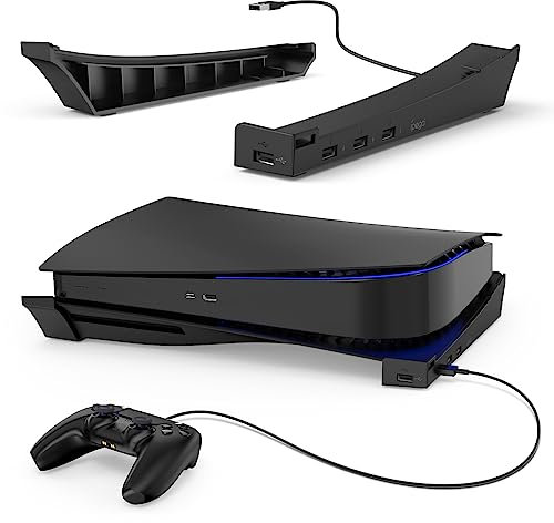 MENEEA Horizontal Stand for PS5 Console with 4-Port USB Hub, Upgraded PS5 Accessories Base Holder for Playstation 5 Disc & Digital Editions, 1 USB 2.0 Data Port & 3 Charging Port Extension