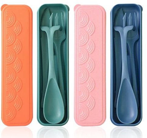 Travel Cutlery Set with Case, Portable Camping Cutlery Set for 4, Reusable Cute Ocean Themed Plastic Cutlery Reusable Knife Spoon and Fork Set for Lunch Box School Office Camping Picnic