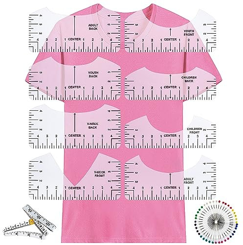WLLHYF 8 Stücke T-Shirt Ausrichtungslineal Zentrierung Werkzeug Messwerkzeuge T-Shirt Transparente Schablonen Lineale für DIY Erwachsene Nähen Gestalten von T-Shirts alle Größen