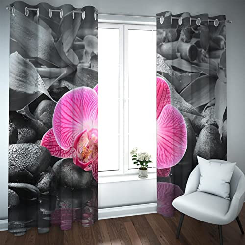 GaNkas Zen Stein Orchidee Verdunkelungsvorhänge Wärmeisoliert Energiesparend &; Lärmreduzierend Spa Schlafzimmer Wohnzimmer Vorhänge 2 Paneele Grau H275xB228
