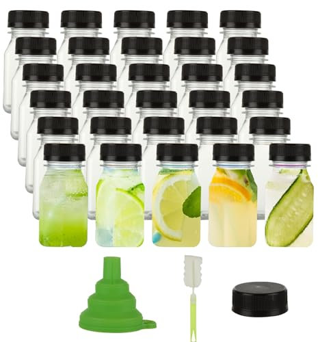 SHUESS 30 Pack 4oz/120ml Shot Bottles with Lids - Small Plastic Juice Bottles with Silicone Funnel and Plastic Cup Brush - Reusable Clear Small Plastic Bottles with Lids for Storing Beverages