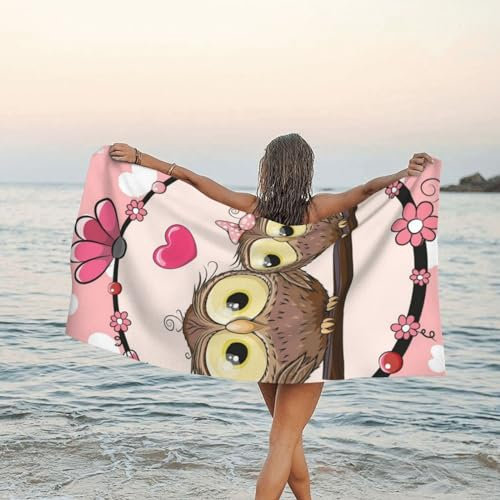 SYLALE Badetuch mit niedlichen Eulen, Mikrofaser, schnelltrocknend, 80 x 160 cm, perfekt für Bad, Strand und Reisen