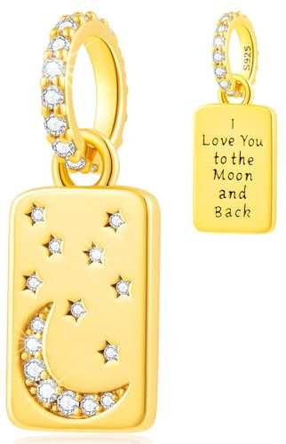 “I Love You To the Moon and Back” Moon Star Charm for Mom Sister Girls, Gold Plated 925 Sterling Silver Dangle Fit Pandora Bracelets, Necklace, Chain