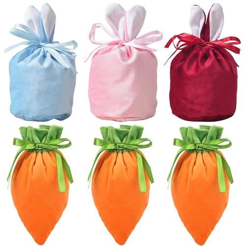 6 Stück Oster-Samt-Geschenktüten, Osterhasen-Eier-Samttüten, Osterhasen-Samttüten, Ostern Samt, Osterhasen-Tüten, Osterhasen-Karottentüten, für Kinder, Ostereiersuche, Partyzubehör