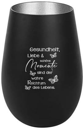 Der-Porzellan-Laden Windlicht mit Gravur Gesundheit Liebe schöne Momente, Schwarz Silber, Teelichthalter aus Glas mit Spruch, Tischdeko modern