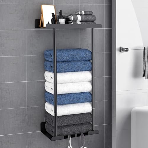 Towel Rack, Towel Storage Self Adhesive, Towel Holder Wall Mounted, Adjustable Bathroom Towel Storage, Towel Rack Wall Mounted, Black Towel Rail Bathroom Towel Holder, No Drilling Bathroom Storage