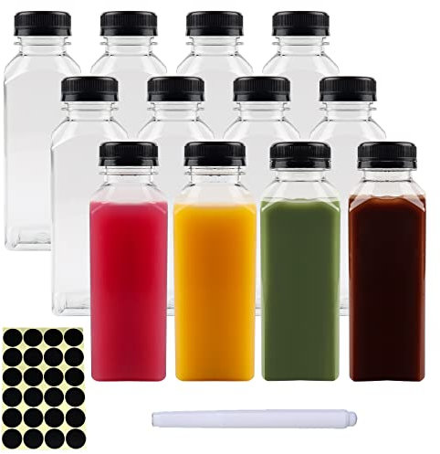 Happybase Bottiglie di plastica per succhi di frutta, 360 ml, con tappo, riutilizzabili, con coperchio nero, per frullati, succhi, latte, bevande fatte in casa (1 penna, 24 etichette)