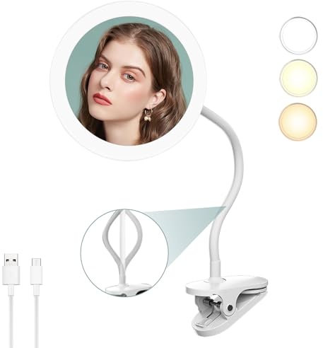 TUSHENGTU Miroir de Rasage à Clipser de 6,5 avec col de Cygne grossissant lumineux10x, réglage du Miroir de Douche Rechargeable par USB (Blanc 5X)