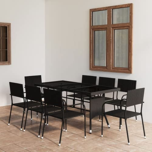 Gecheer 9-TLG. Garten Essgruppe 8 Personen, Gartenmöbel Set, Tisch mit Stuhl, Terassenmöbel Poly Rattan, Gartengarnitur für Garten Terrasse, Poly Rattan Schwarz