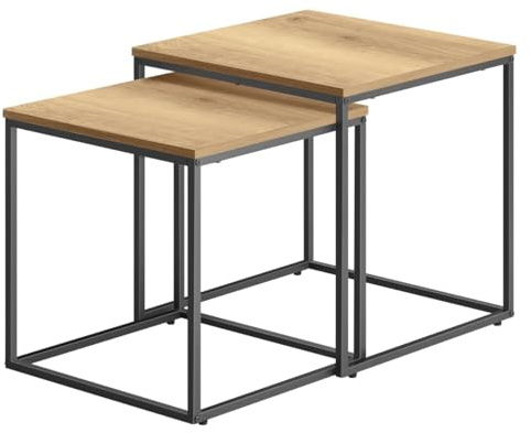 NMK HOME Couchtisch 50x50 cm, 2er Set quadratisch in Eichenoptik, Schwarze Metallbeine, Industrial Design, platzsparend ineinander stellbar, für Wohnzimmer und Schlafzimmer