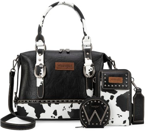 Wrangler Arzttaschen-Set für Damen, Top-Griff, Umhängetasche mit Handy-Handtaschen und Münzbörse, 3-teilig, Schwarzes Kuhmuster