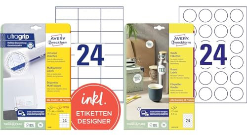 AVERY Zweckform 3490 Adressaufkleber & Runde Etiketten L3415-10 (240 Aufkleber auf 10 Blatt, zum Bedrucken, selbstklebend, Ø 40 mm, A4, Klebepunkte zum Kennzeichnen von Unterlagen, Produkten) weiß